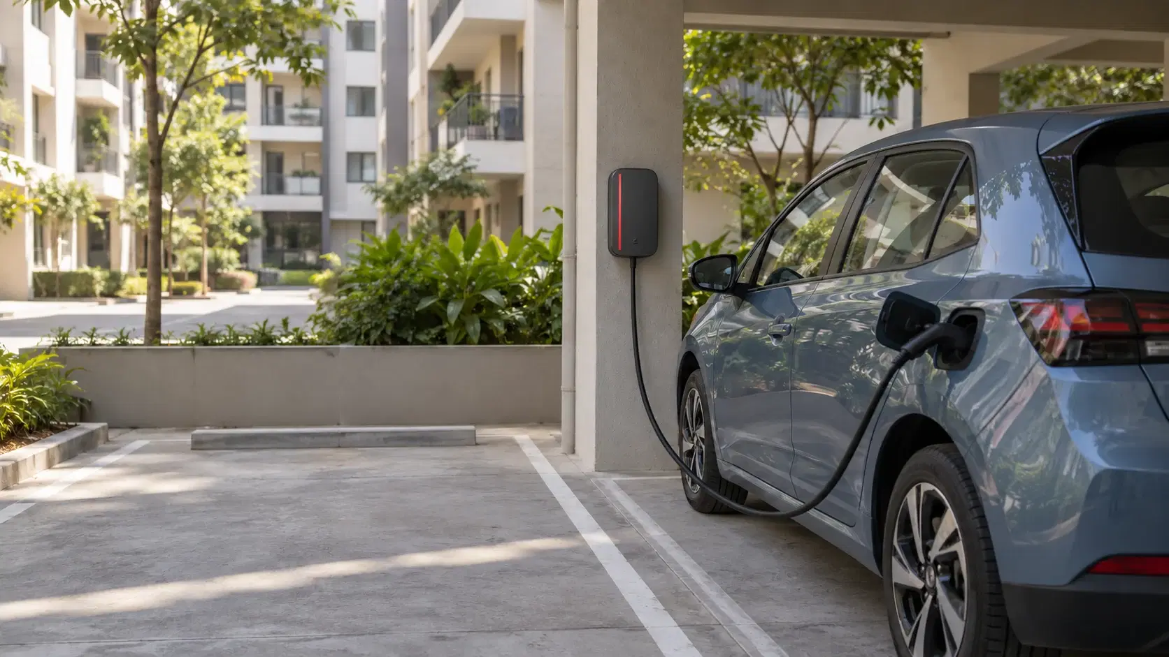 Illustrative apartment parking with an electric car connected to a wall-mounted charger