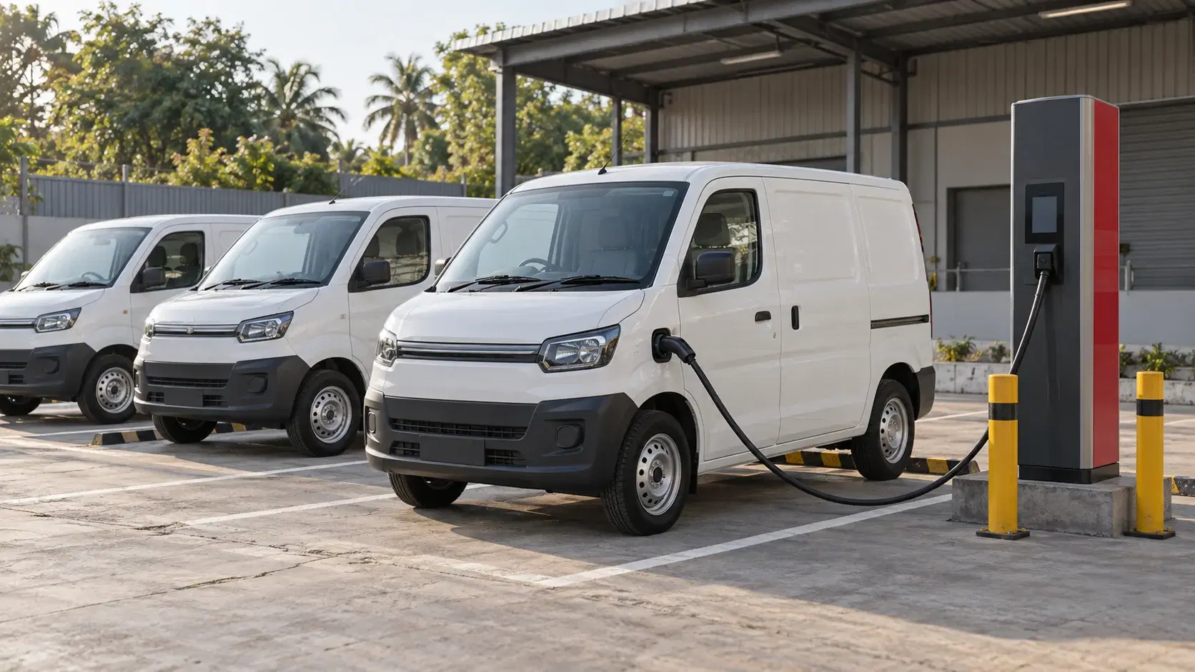 Illustrative electric delivery vans and charging equipment in an Indian fleet depot