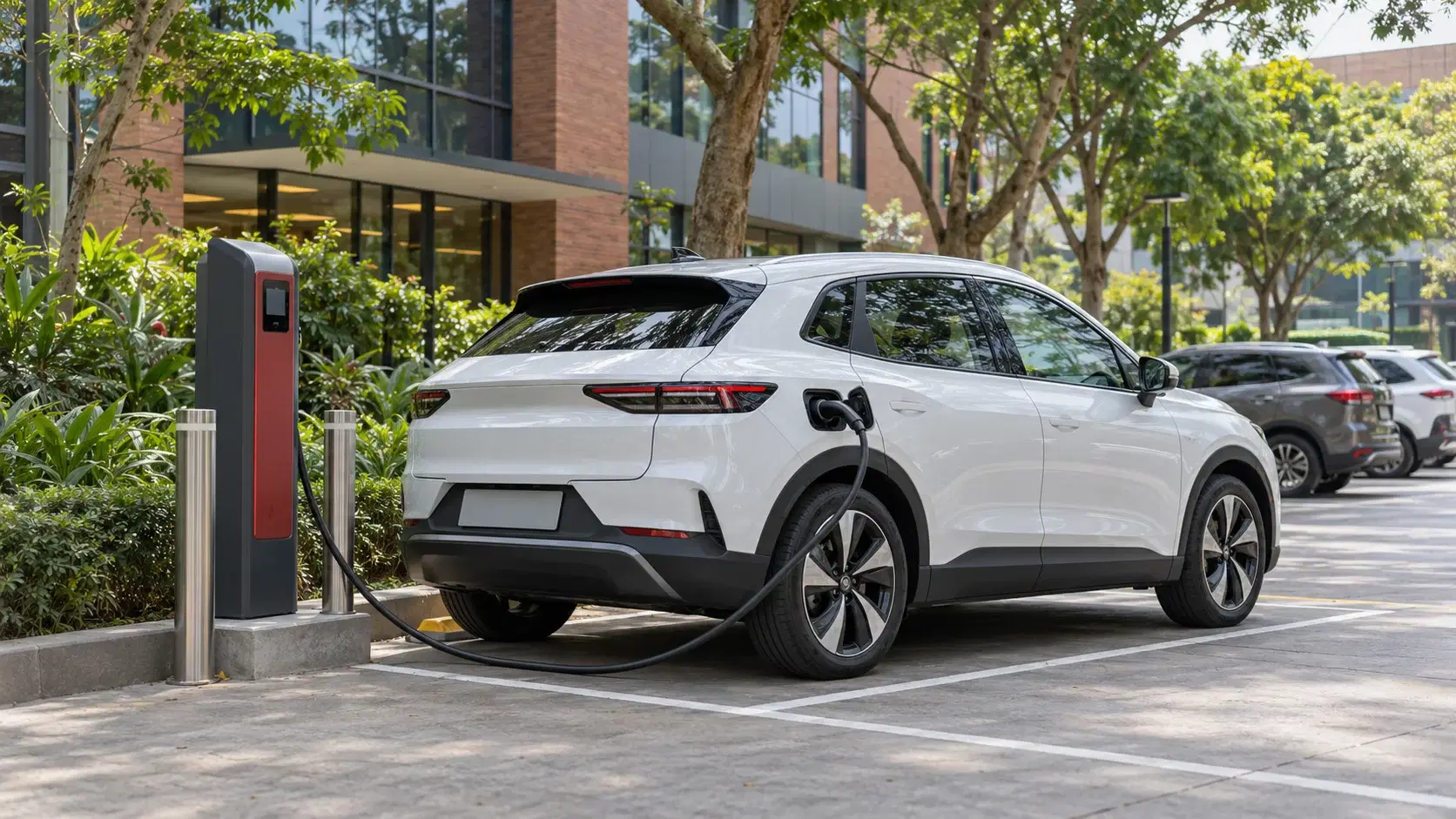 Illustrative workplace parking with dedicated electric vehicle charging bays